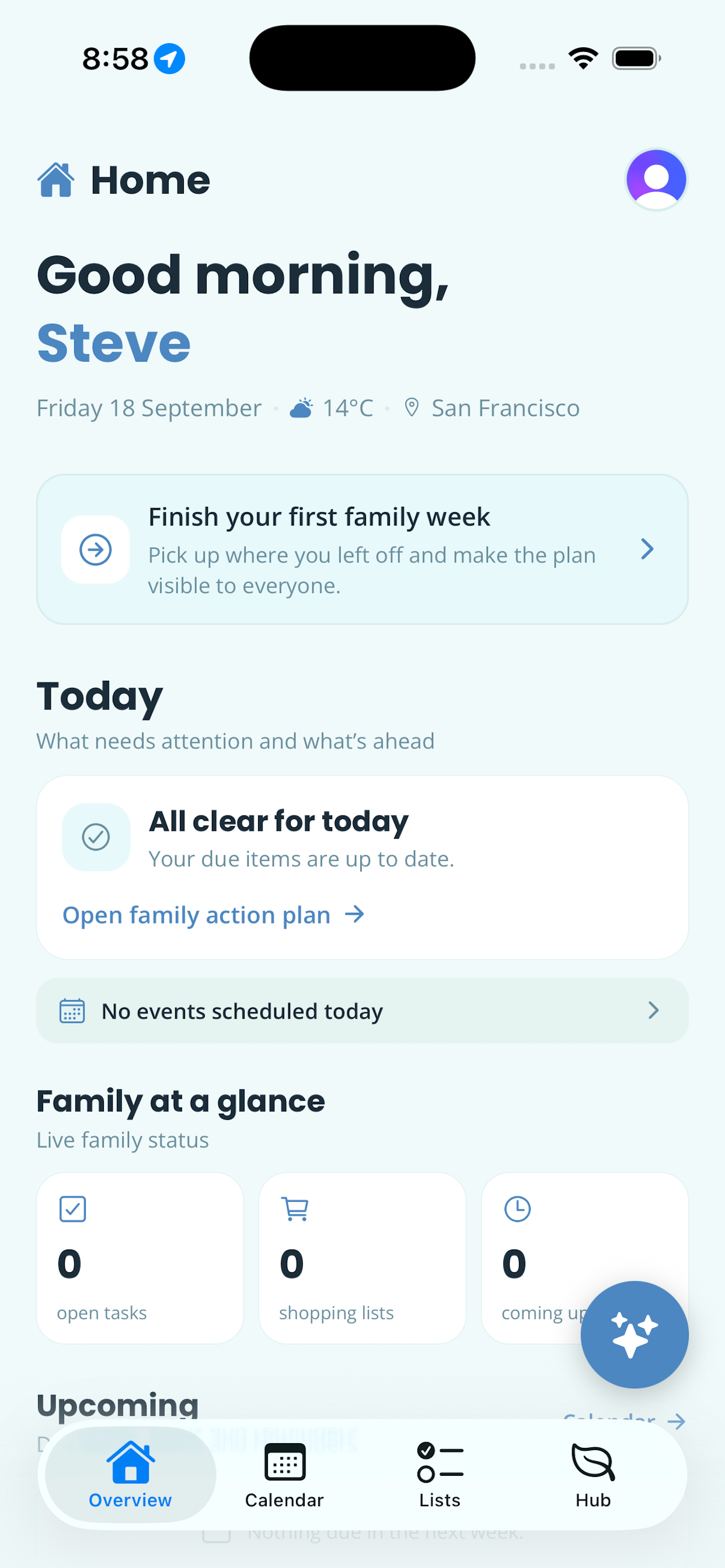 The Keeso home screen showing what’s next for the family
