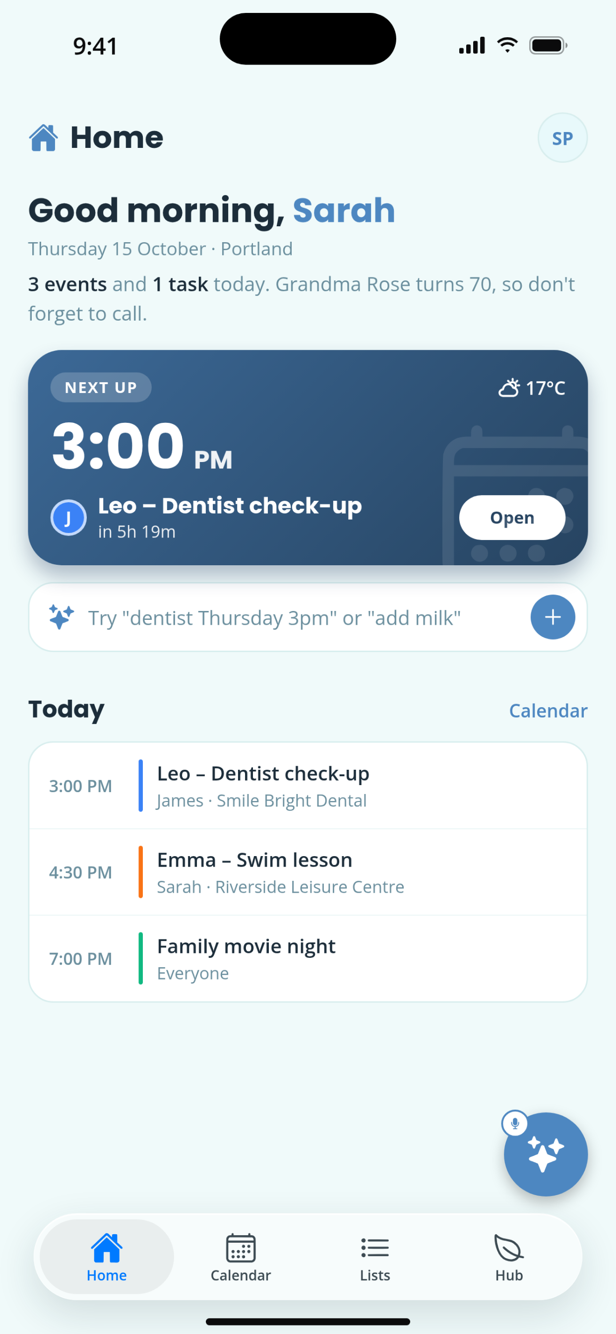 The Keeso home screen showing the family’s day